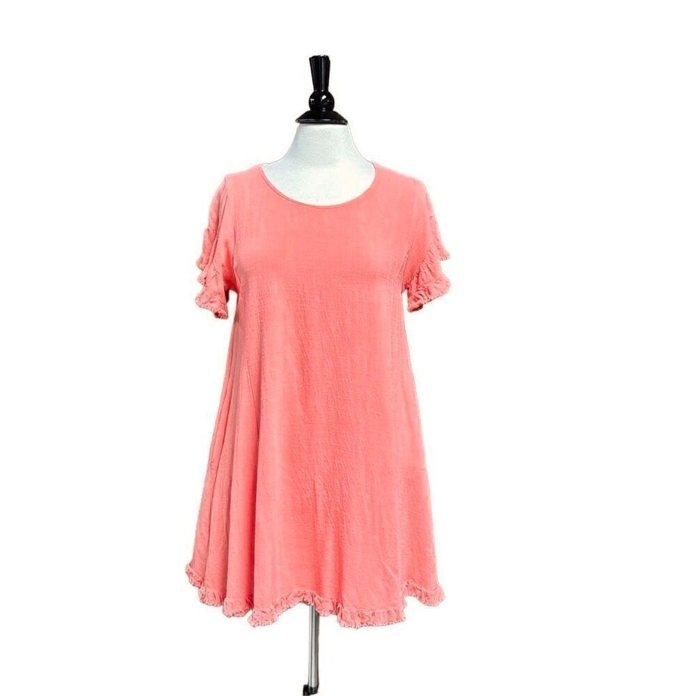 Umgee Coral Short Flutter Sleeve Linen Blend Dress Size Medium NEW